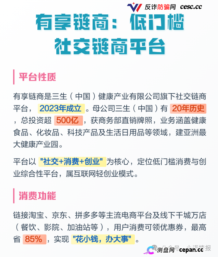 有享链商交1980元拉人头，挂靠三生集团实为私盘，多层级传销击鼓传花，高度预警